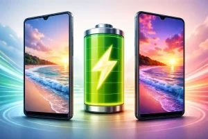 Bateria do celular entre telas LCD e AMOLED mostrando economia de energia e vida útil da bateria.