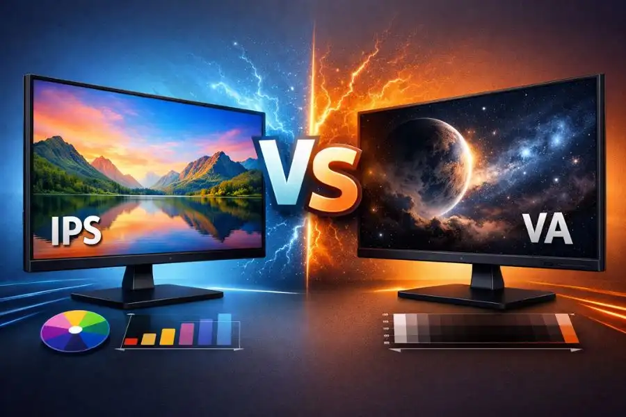 Painel IPS vs VA: Qual a melhor escolha para seu monitor? Comparativo visual de telas com cores vibrantes e contraste.