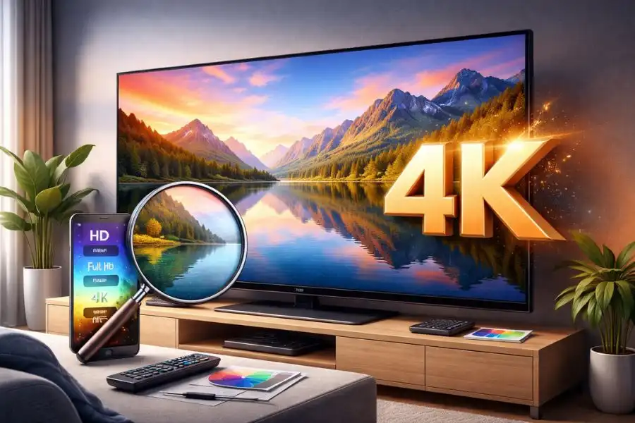 TV 4K com paisagem refletida, lupa mostrando detalhes, e smartphone comparando resoluções. Imagem promocional de TV 4K.
