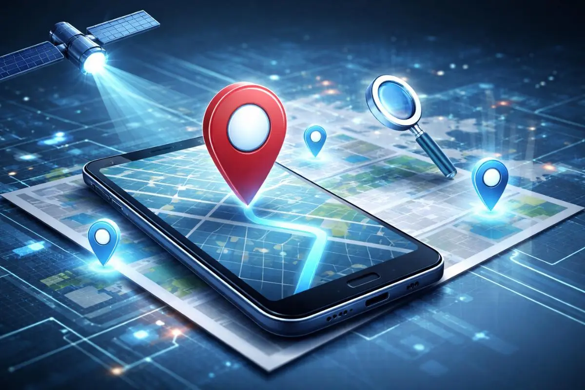 Localizador de celular: smartphone com mapa e satélite.