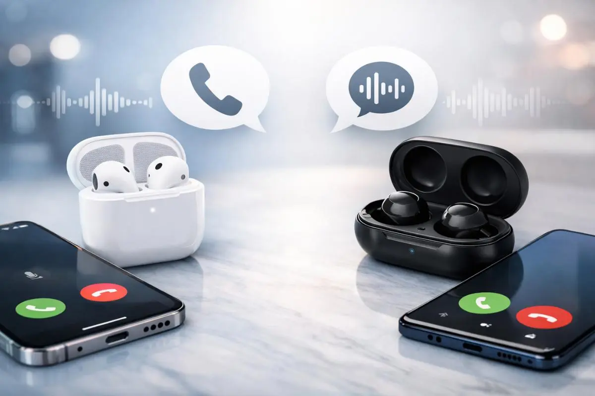 Fones sem fio para iPhone e Samsung em chamada.
