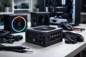 Fontes de computadores pretas sobre uma mesa.