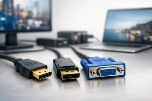 Conectores HDMI, DisplayPort e VGA