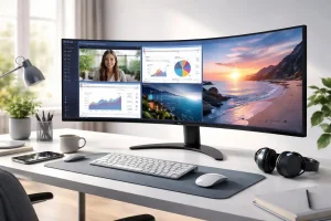 Monitor tela curva com múltiplas janelas abertas.