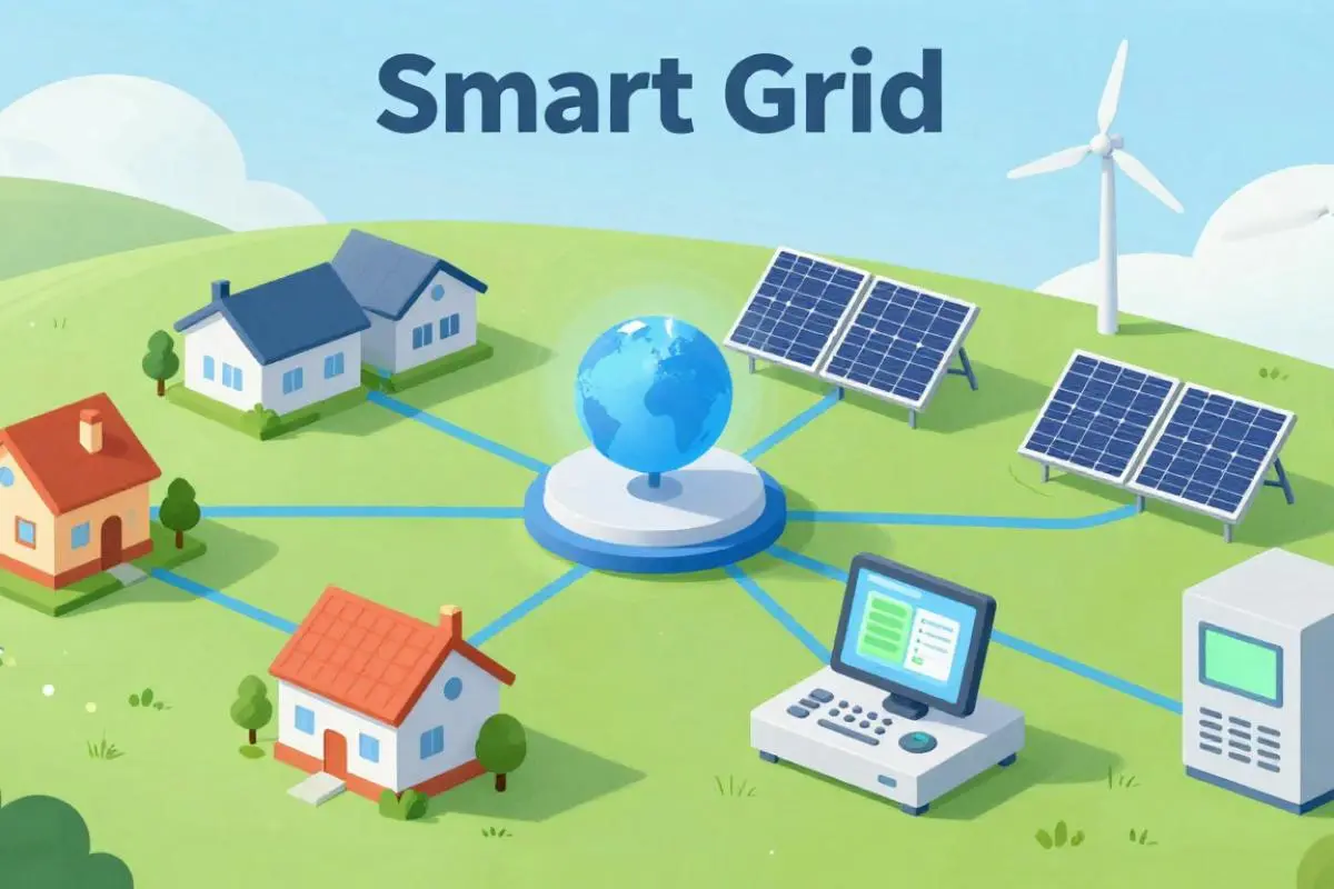Smart grid: casas, painéis solares e turbina eólica.